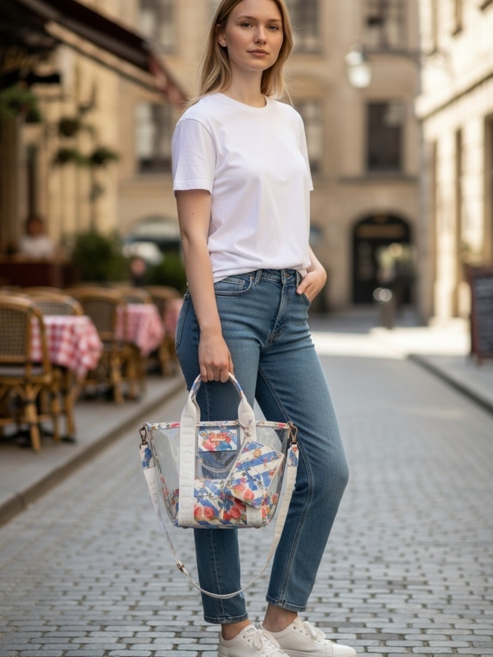 Kurt Geiger Clear Floral And Strawberry Crossbody Tote Bag with Blue Accents - Picture 7 of 7